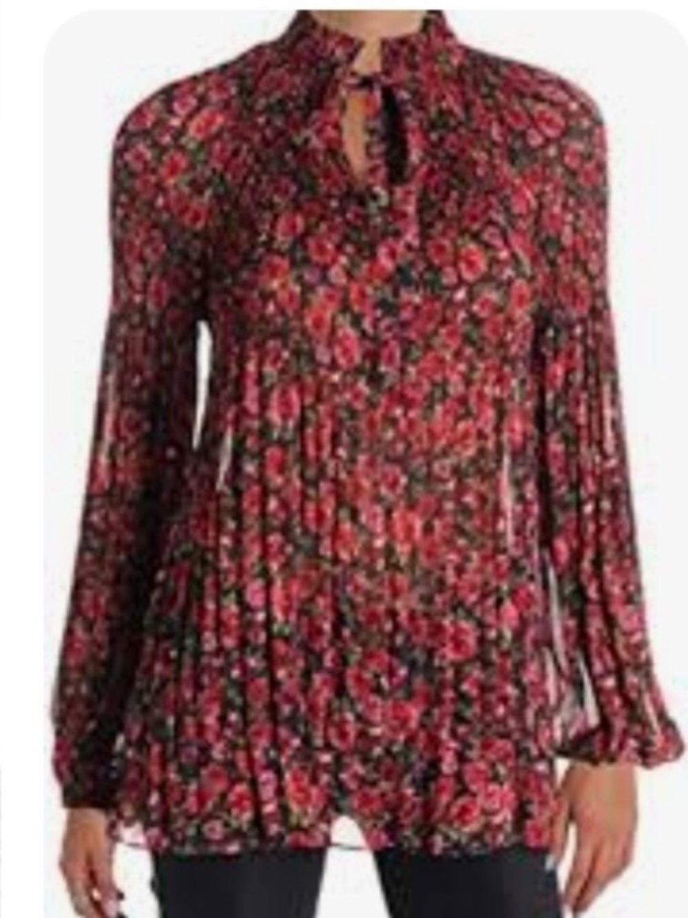 Lauren Ralph Lauren Red Floral Tie-Neck Pintuck Semi Sheer Flowy Blouse